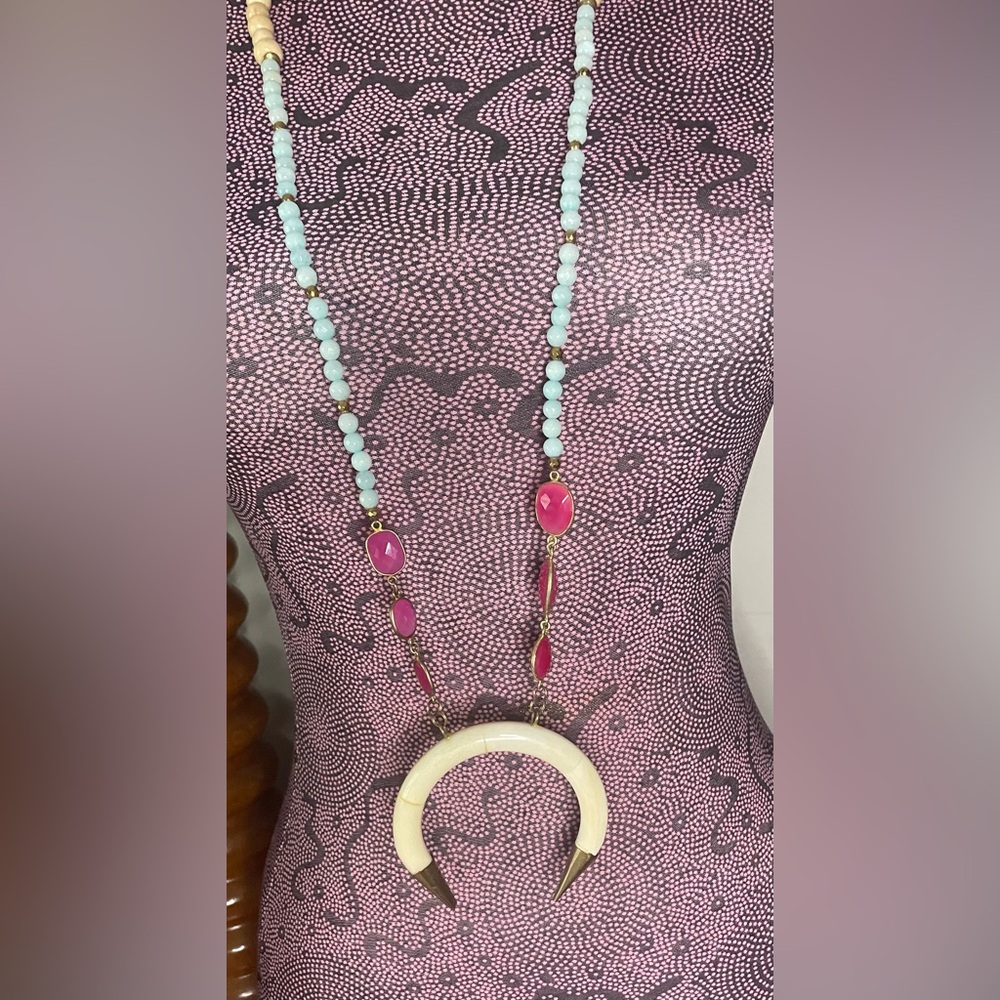 BETSY Pittard Designs BPD Turquoise Pink Gold beige Crescent Horn Long Necklace